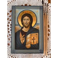 Jesus Christ Pantocrator of Sinai. Size 6.2x9.8 inches. Copy of ancient Icon, Orthodox Byzantine Icon, Hand Painted, Egg Mineral Tempera, Made to Order