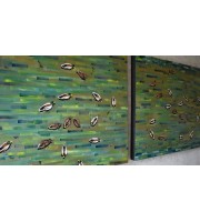 Oil painting duck in the lake duck in the river golden water mixed media double big painting available. 70*90 cm 