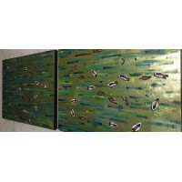 Oil painting duck in the lake duck in the river golden water mixed media double big painting available. 70*90 cm 